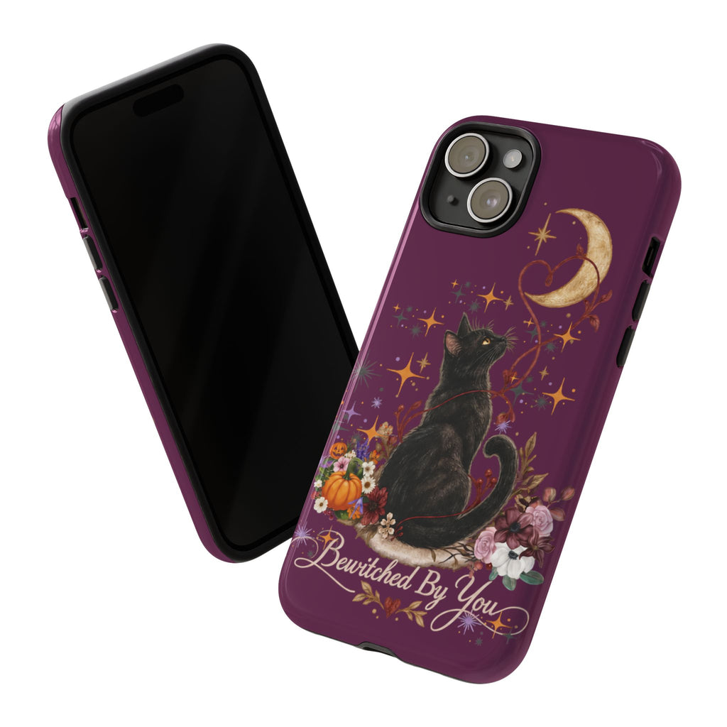 Black Cat Halloween Phone Case | Bewitched By You Witchy Moon & Pumpkin Tough Case | Dual-Layer Protective Cover for iPhone & Samsung