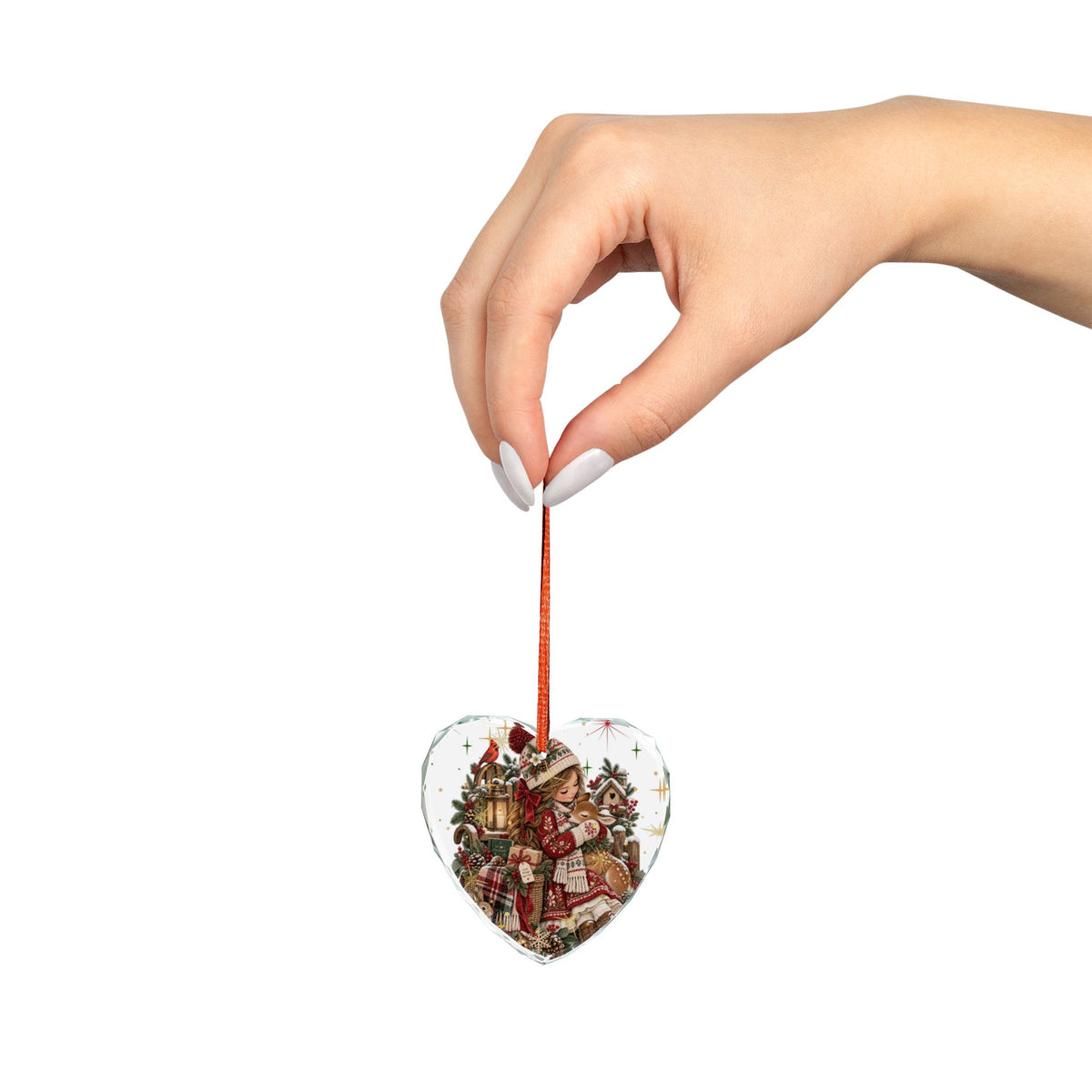 Heart Crystal Ornament — Cozy Vintage Girl with Bunny Christmas Decoration