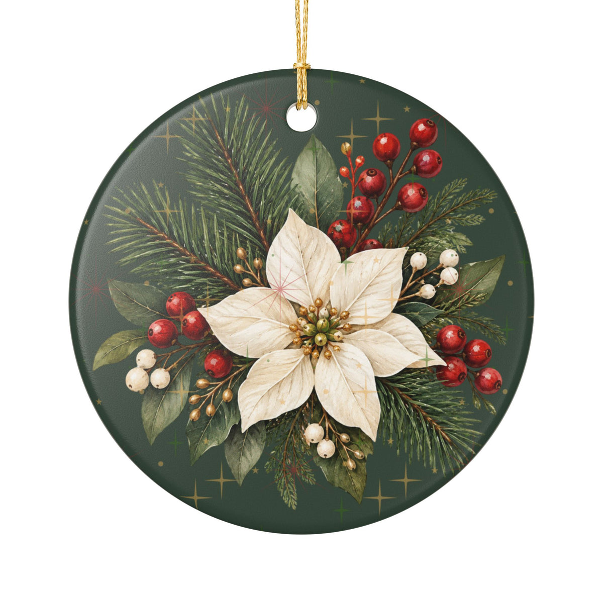 Personalized Ceramic Christmas Ornament – Poinsettia & Pine Family Keepsake (Custom Name, Christmas 2026)
