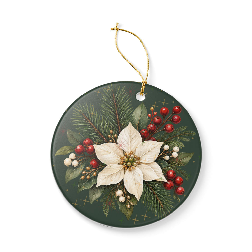 Personalized Ceramic Christmas Ornament – Poinsettia & Pine Family Keepsake (Custom Name, Christmas 2026)
