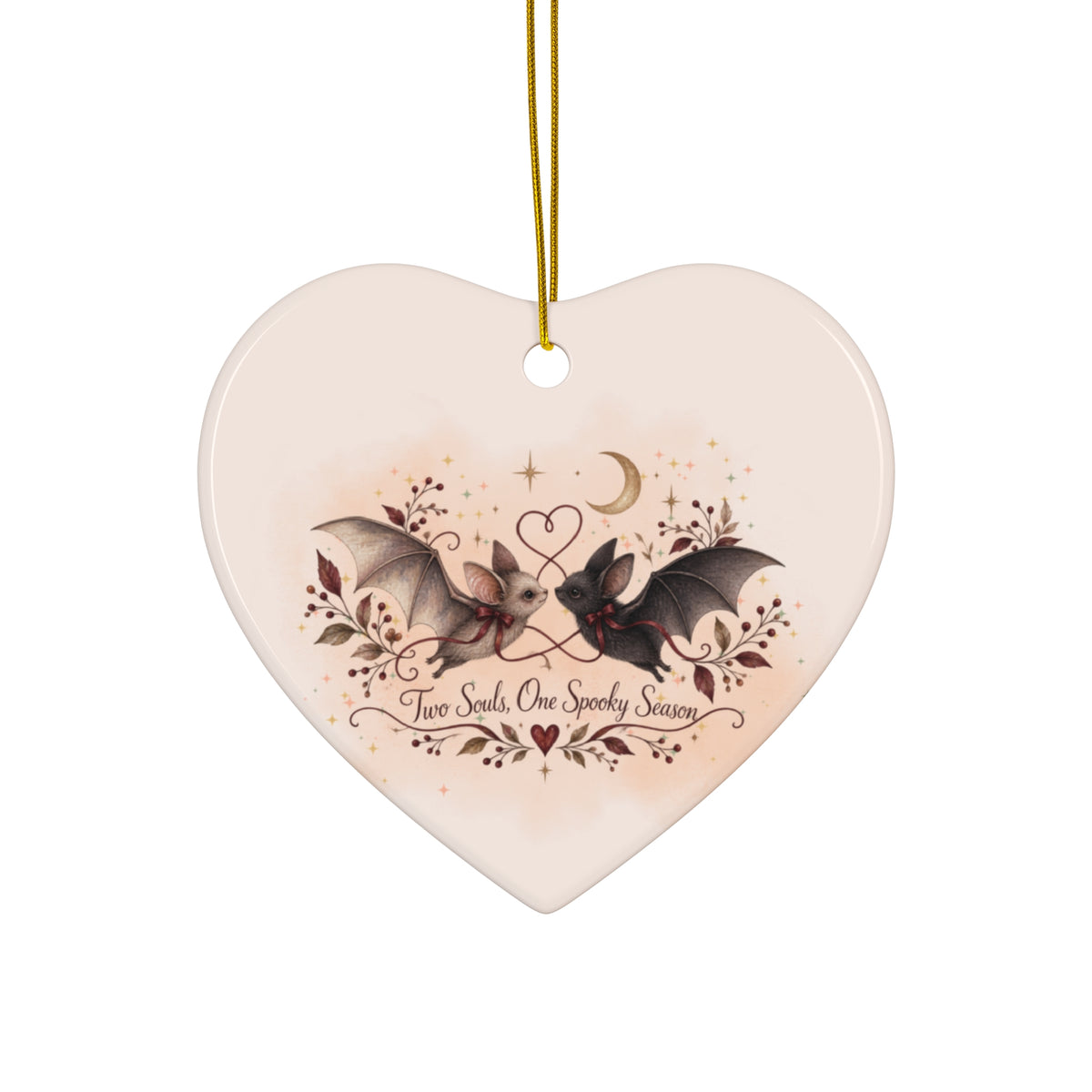 Bat Couple Ceramic Ornament, Gothic Halloween Christmas Decor, Two Bats in Love, Star Snowflake Heart Circle, Spooky Season Gift, Moonlit Vintage Design