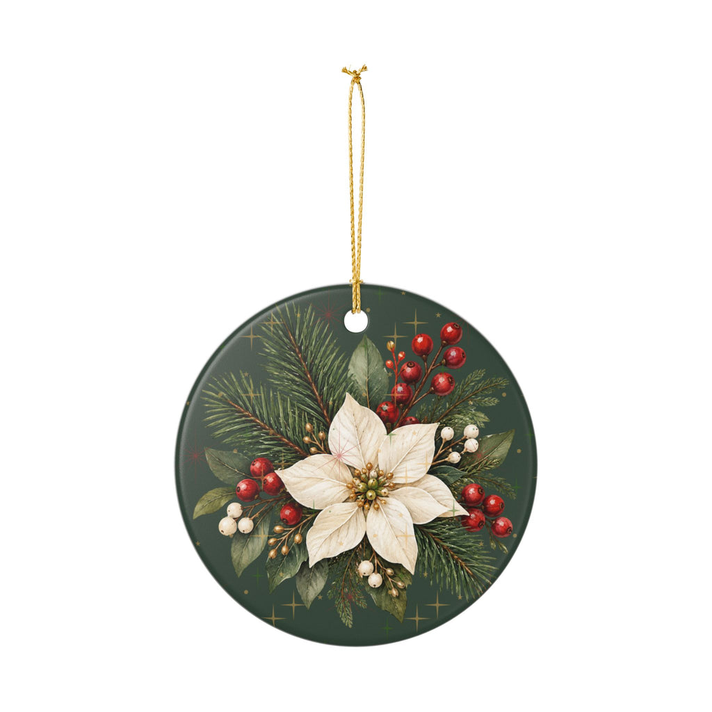 Personalized Ceramic Christmas Ornament – Poinsettia & Pine Family Keepsake (Custom Name, Christmas 2026)