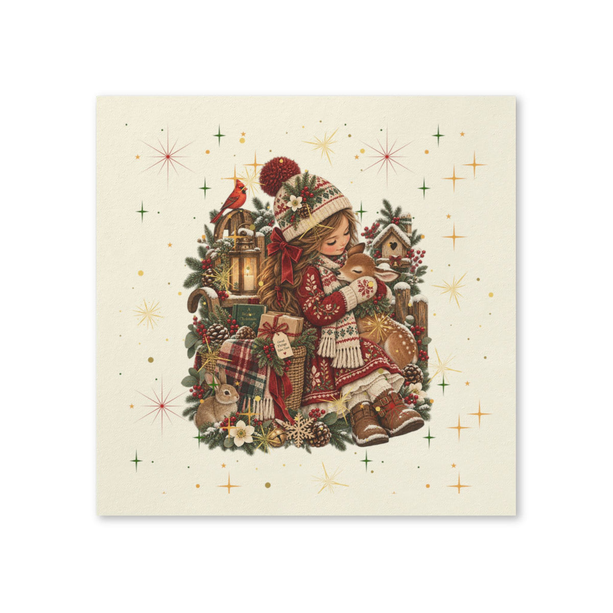 Christmas Girl Napkins — Vintage Holiday Paper Napkins with Cozy Lantern & Toys Design