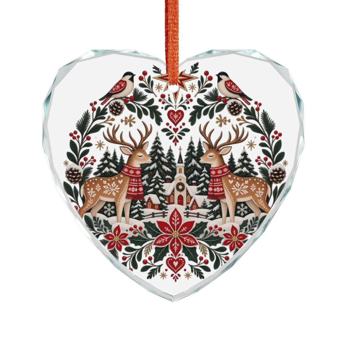 Crystal Heart Ornament — Folk Art Reindeer & Winter Village Holiday Decoration