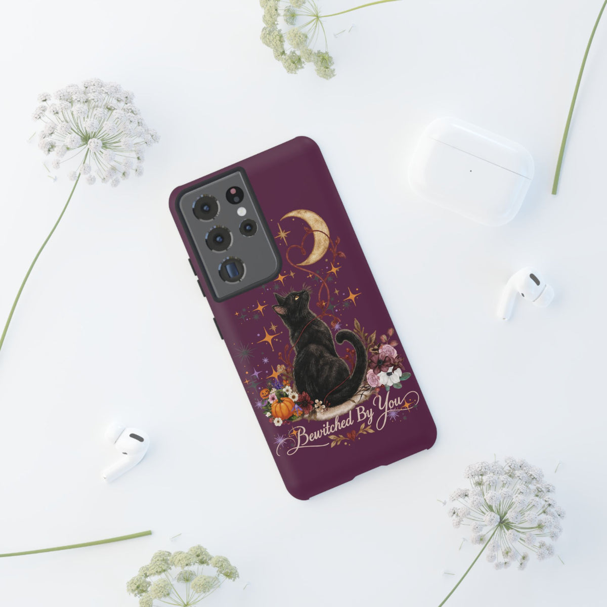 Black Cat Halloween Phone Case | Bewitched By You Witchy Moon & Pumpkin Tough Case | Dual-Layer Protective Cover for iPhone & Samsung