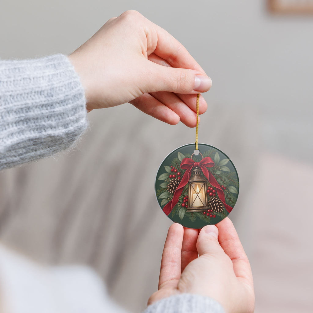 Personalized Ceramic Christmas Ornament — Lantern & Red Bow Family Holiday Decoration