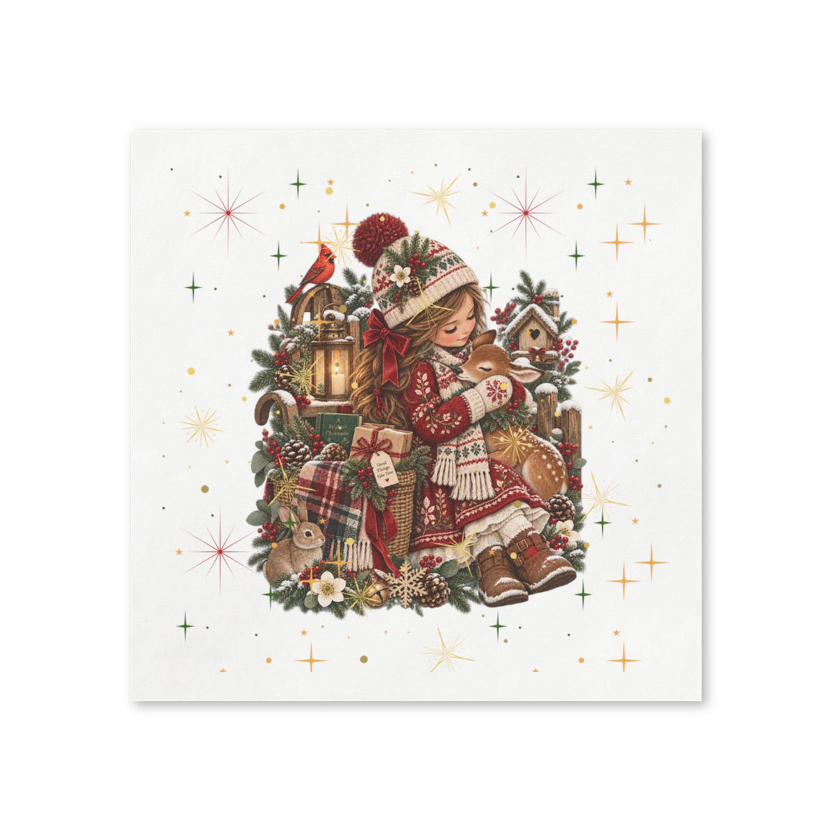 Christmas Girl Napkins — Vintage Holiday Paper Napkins with Cozy Lantern & Toys Design