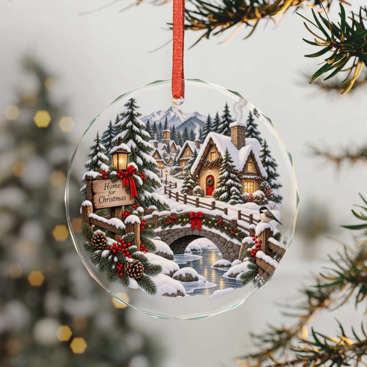 Glass Ornament — Cozy Snowy Village 'Home for Christmas' Holiday Decoration