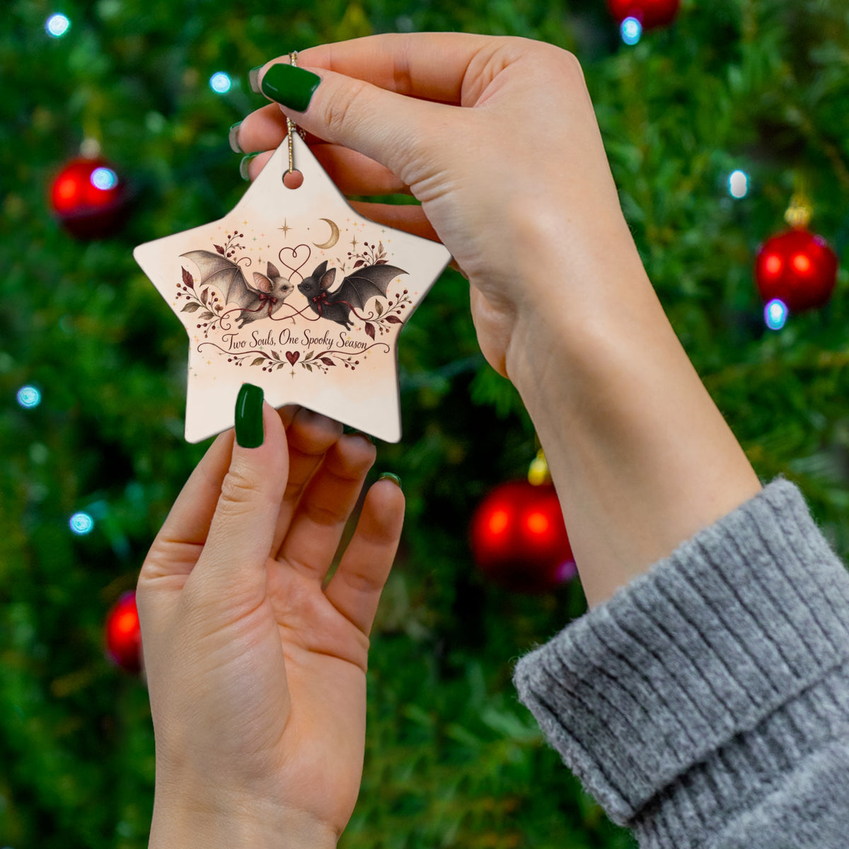 Bat Couple Ceramic Ornament, Gothic Halloween Christmas Decor, Two Bats in Love, Star Snowflake Heart Circle, Spooky Season Gift, Moonlit Vintage Design