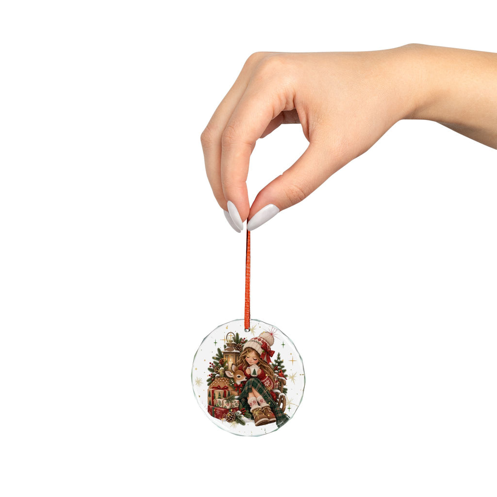 Heart Crystal Ornament — Cute Girl & Fawn Christmas Holiday Decoration