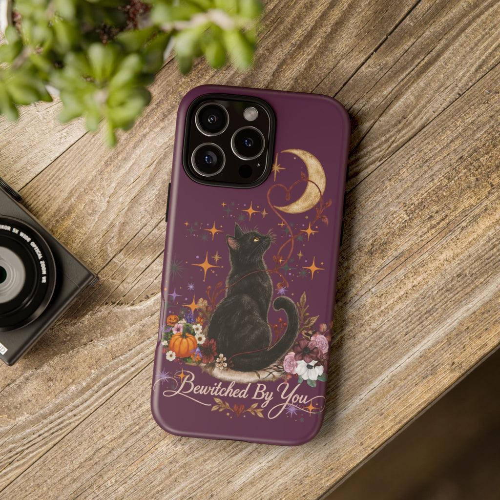 Black Cat Halloween Phone Case | Bewitched By You Witchy Moon & Pumpkin Tough Case | Dual-Layer Protective Cover for iPhone & Samsung