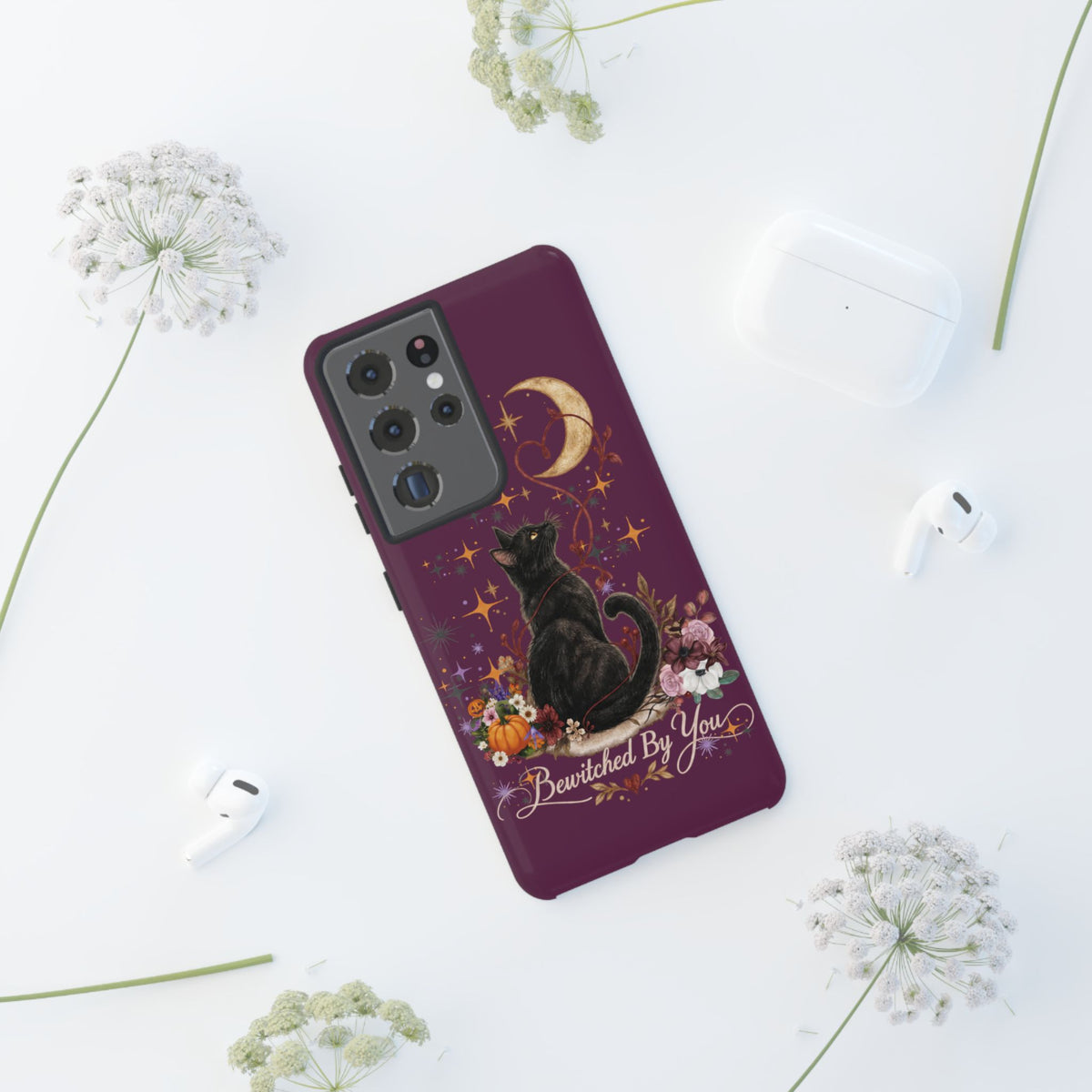 Black Cat Halloween Phone Case | Bewitched By You Witchy Moon & Pumpkin Tough Case | Dual-Layer Protective Cover for iPhone & Samsung