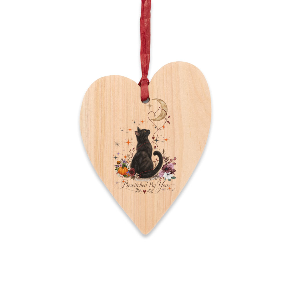 Black Cat & Moon Heart Wooden Ornament – Personalized Names & Date
