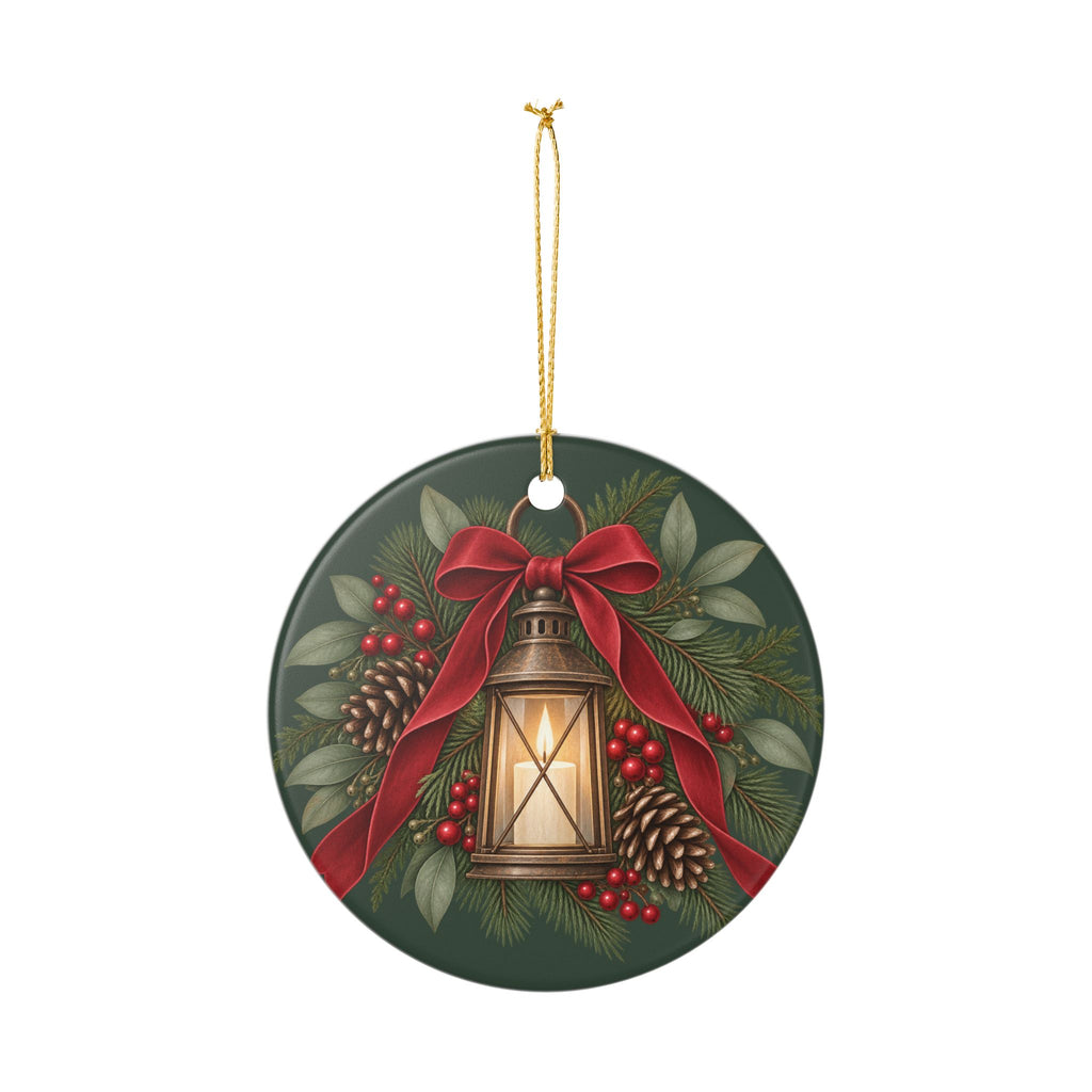 Personalized Ceramic Christmas Ornament — Lantern & Red Bow Family Holiday Decoration