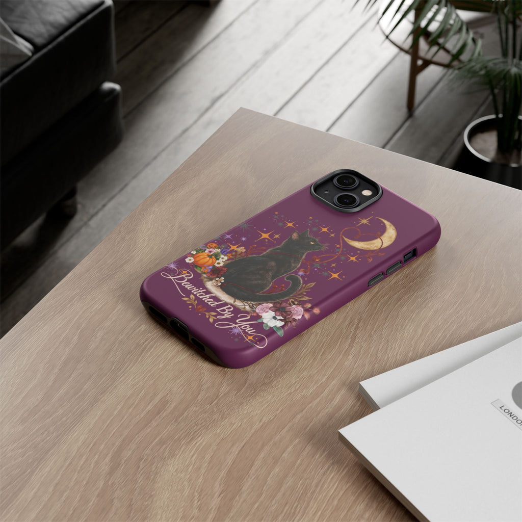Black Cat Halloween Phone Case | Bewitched By You Witchy Moon & Pumpkin Tough Case | Dual-Layer Protective Cover for iPhone & Samsung