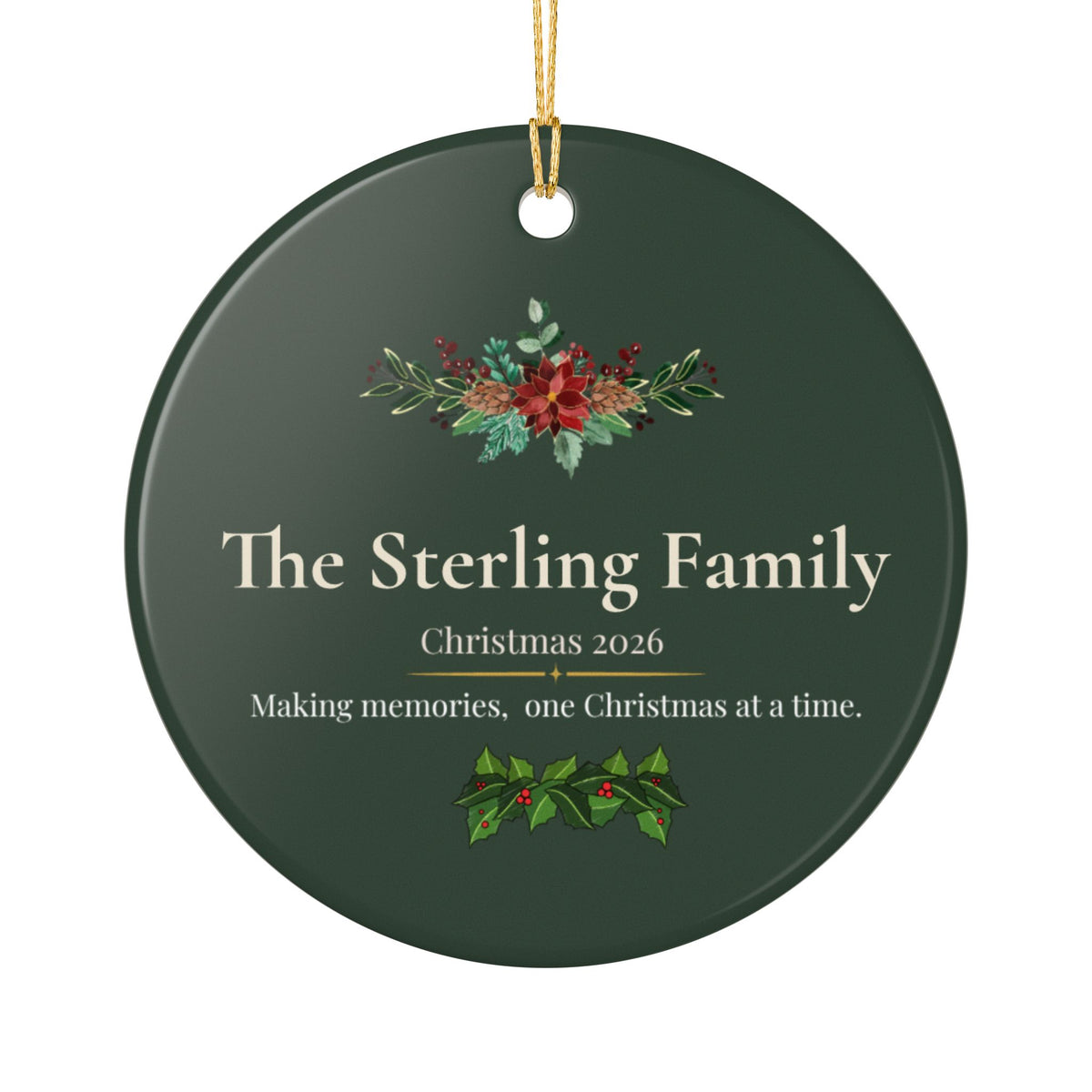 Personalized Ceramic Christmas Ornament — Lantern & Red Bow Family Holiday Decoration
