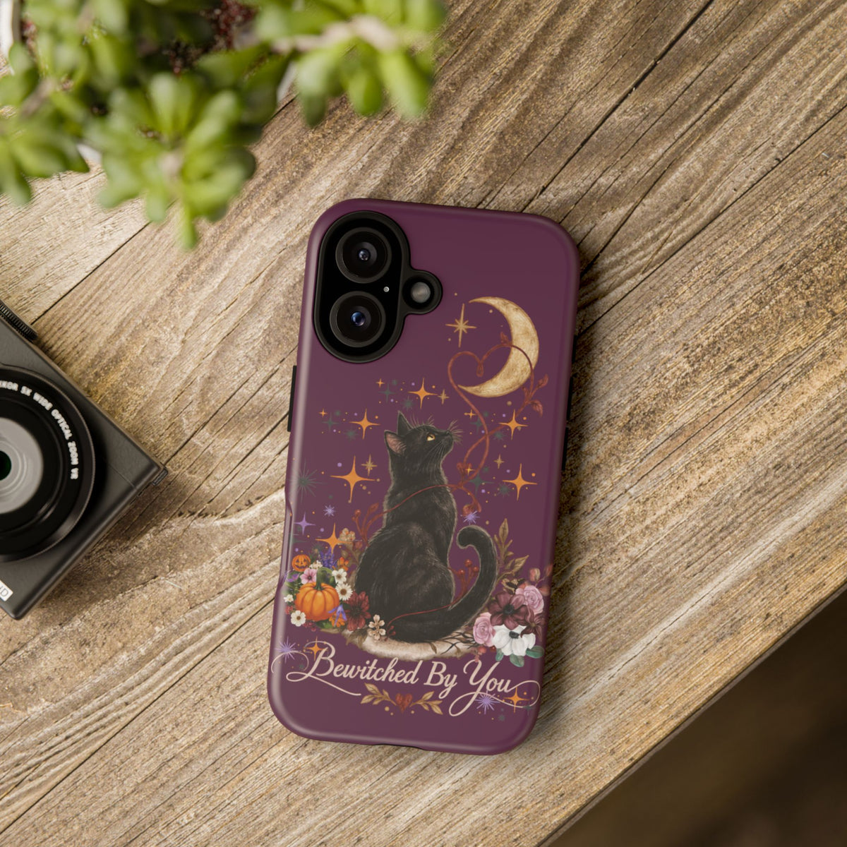 Black Cat Halloween Phone Case | Bewitched By You Witchy Moon & Pumpkin Tough Case | Dual-Layer Protective Cover for iPhone & Samsung