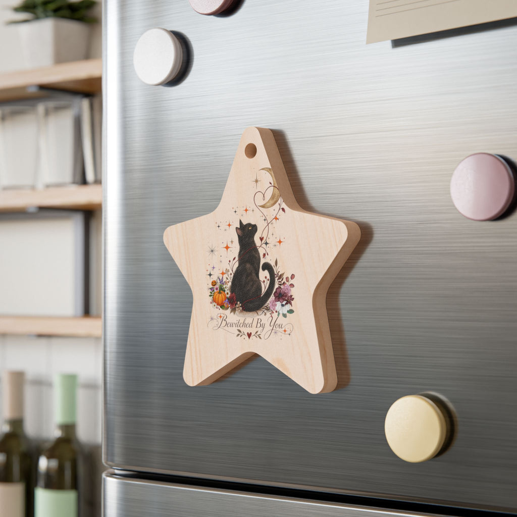 Black Cat & Moon Heart Wooden Ornament – Personalized Names & Date