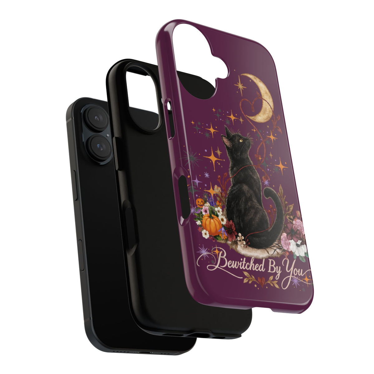 Black Cat Halloween Phone Case | Bewitched By You Witchy Moon & Pumpkin Tough Case | Dual-Layer Protective Cover for iPhone & Samsung