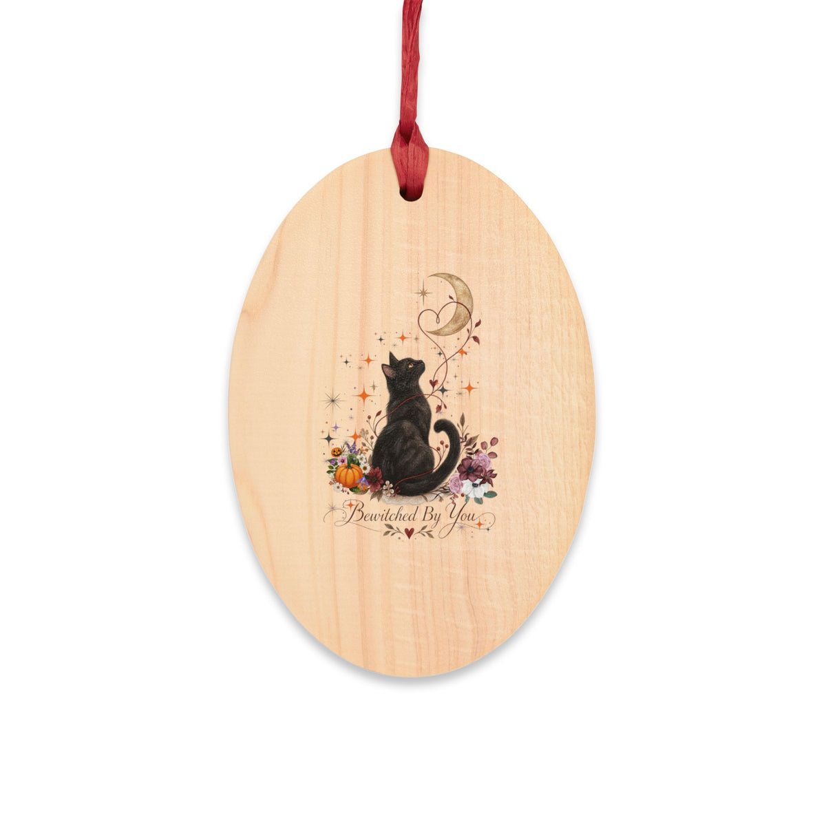 Black Cat & Moon Heart Wooden Ornament – Personalized Names & Date