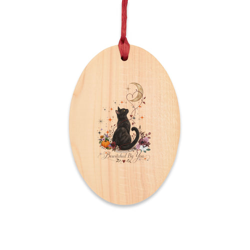 Black Cat & Moon Heart Wooden Ornament – Personalized Names & Date