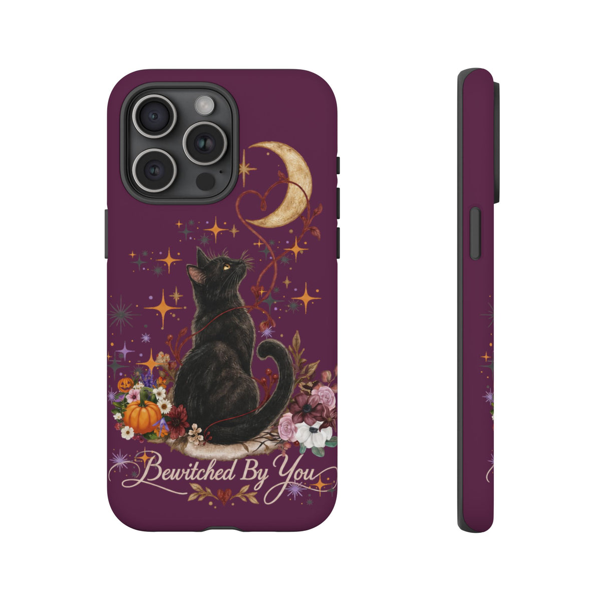 Black Cat Halloween Phone Case | Bewitched By You Witchy Moon & Pumpkin Tough Case | Dual-Layer Protective Cover for iPhone & Samsung