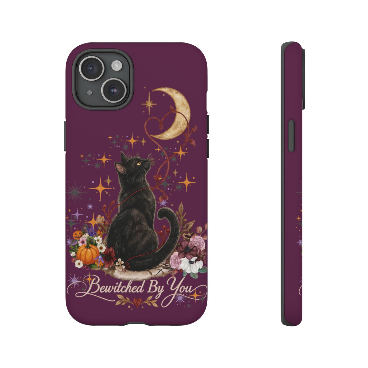 Black Cat Halloween Phone Case | Bewitched By You Witchy Moon & Pumpkin Tough Case | Dual-Layer Protective Cover for iPhone & Samsung