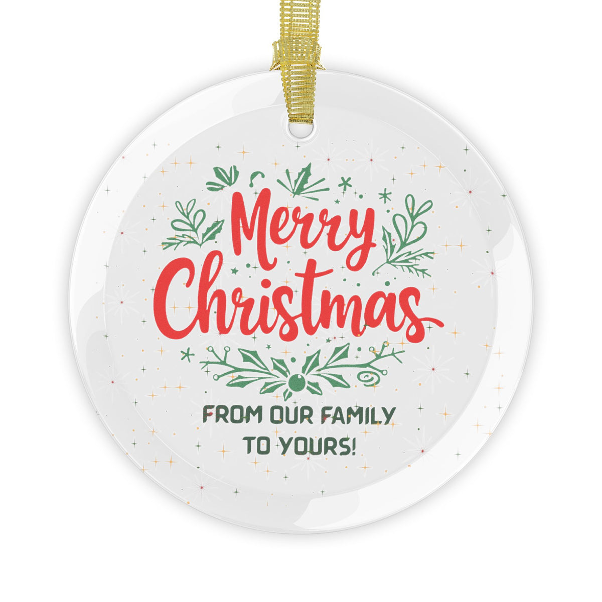 Merry Christmas Family Glass Ornament, Wholesale Bundle 1/5/10/25/50 Pack, Round Beveled Glass Ornament, Gold Ribbon, Bulk Christmas Decor for Retailers