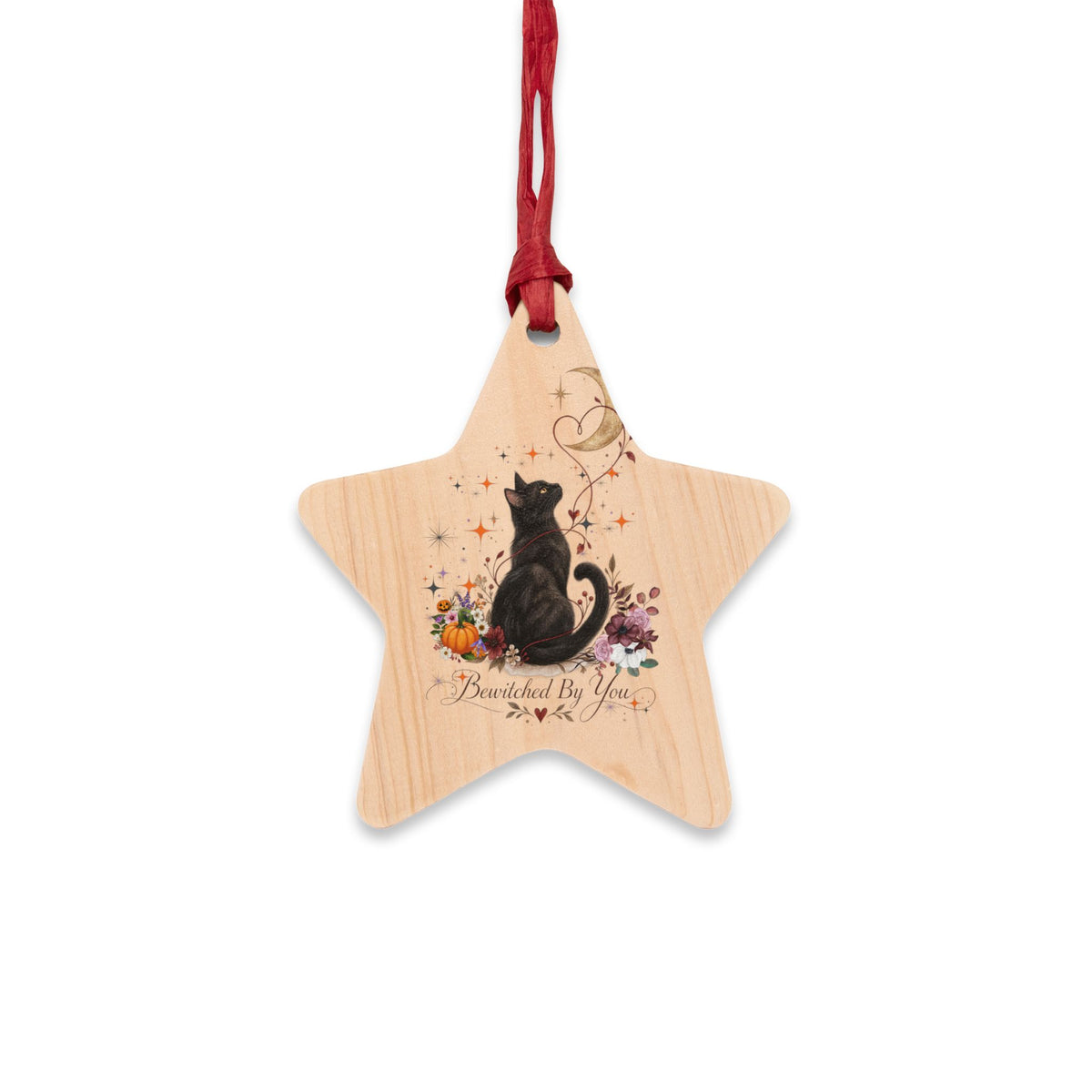 Black Cat & Moon Heart Wooden Ornament – Personalized Names & Date