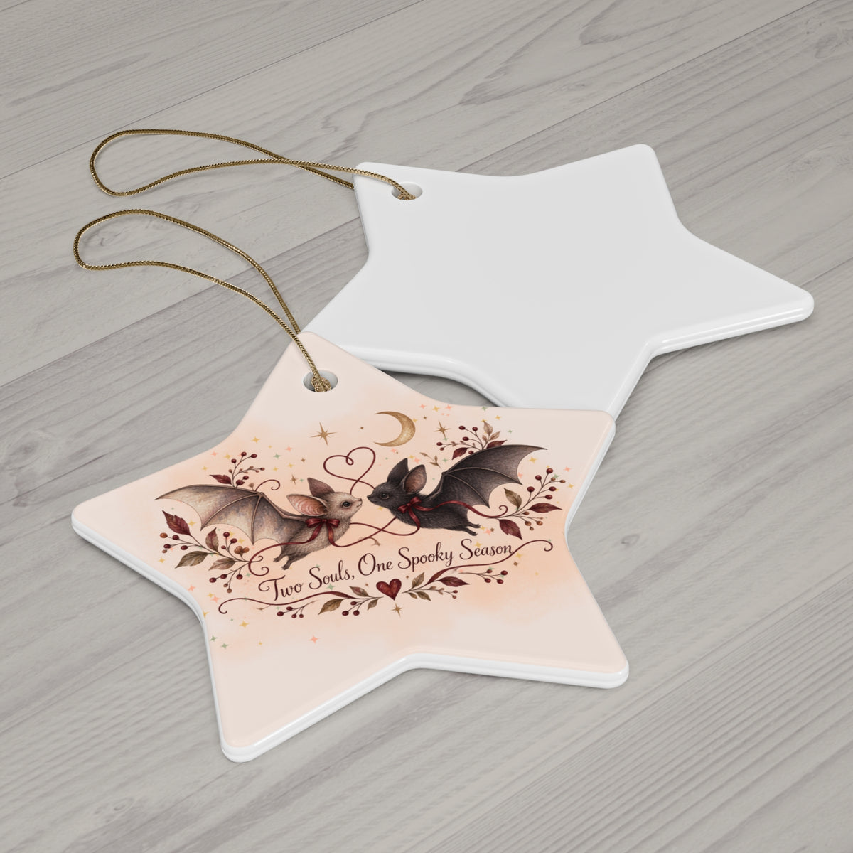Bat Couple Ceramic Ornament, Gothic Halloween Christmas Decor, Two Bats in Love, Star Snowflake Heart Circle, Spooky Season Gift, Moonlit Vintage Design