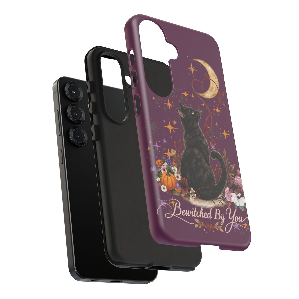 Black Cat Halloween Phone Case | Bewitched By You Witchy Moon & Pumpkin Tough Case | Dual-Layer Protective Cover for iPhone & Samsung