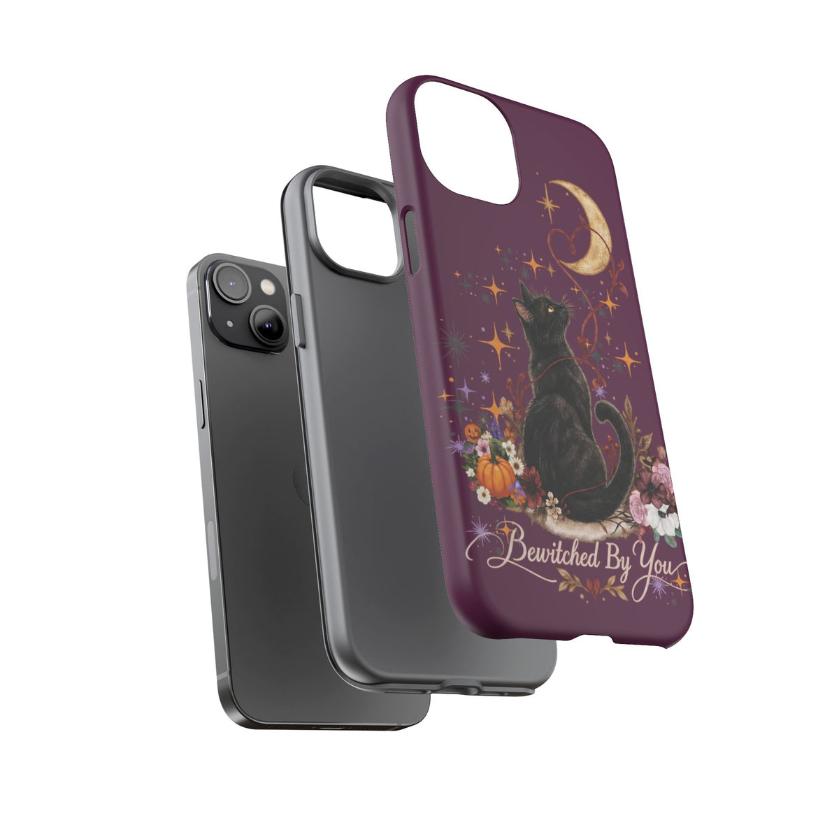 Black Cat Halloween Phone Case | Bewitched By You Witchy Moon & Pumpkin Tough Case | Dual-Layer Protective Cover for iPhone & Samsung