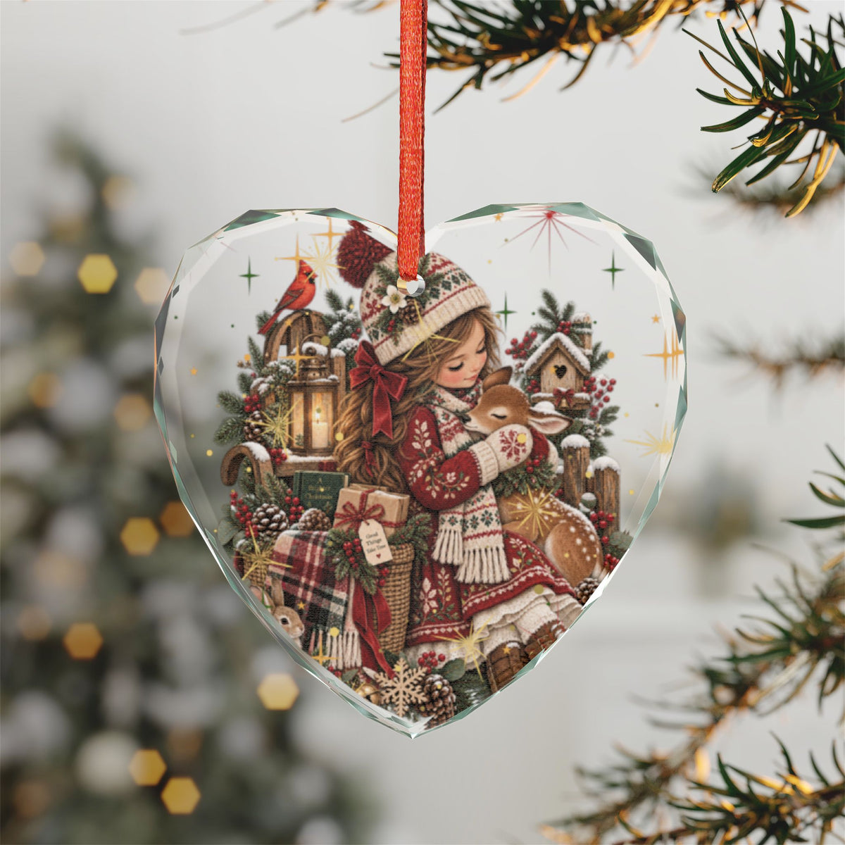 Heart Crystal Ornament — Cozy Vintage Girl with Bunny Christmas Decoration