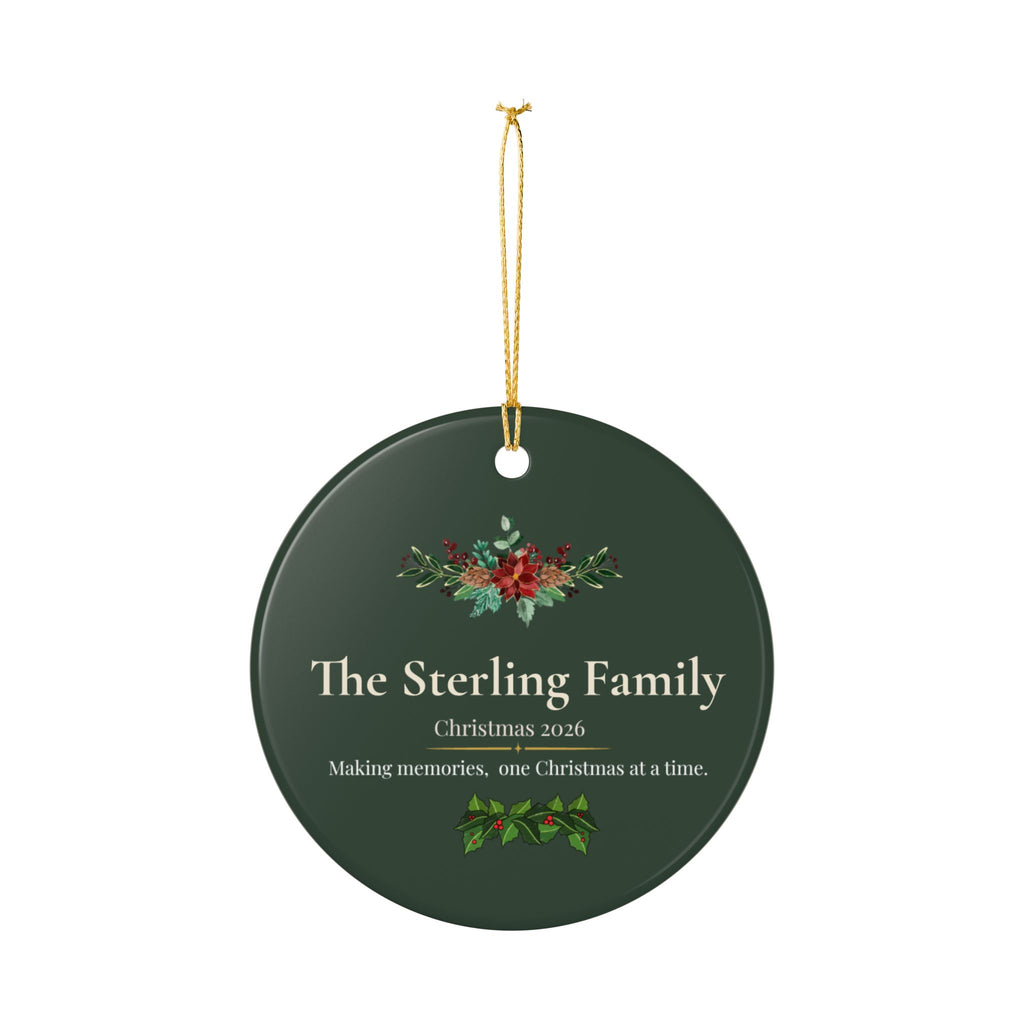 Personalized Ceramic Christmas Ornament – Poinsettia & Pine Family Keepsake (Custom Name, Christmas 2026)