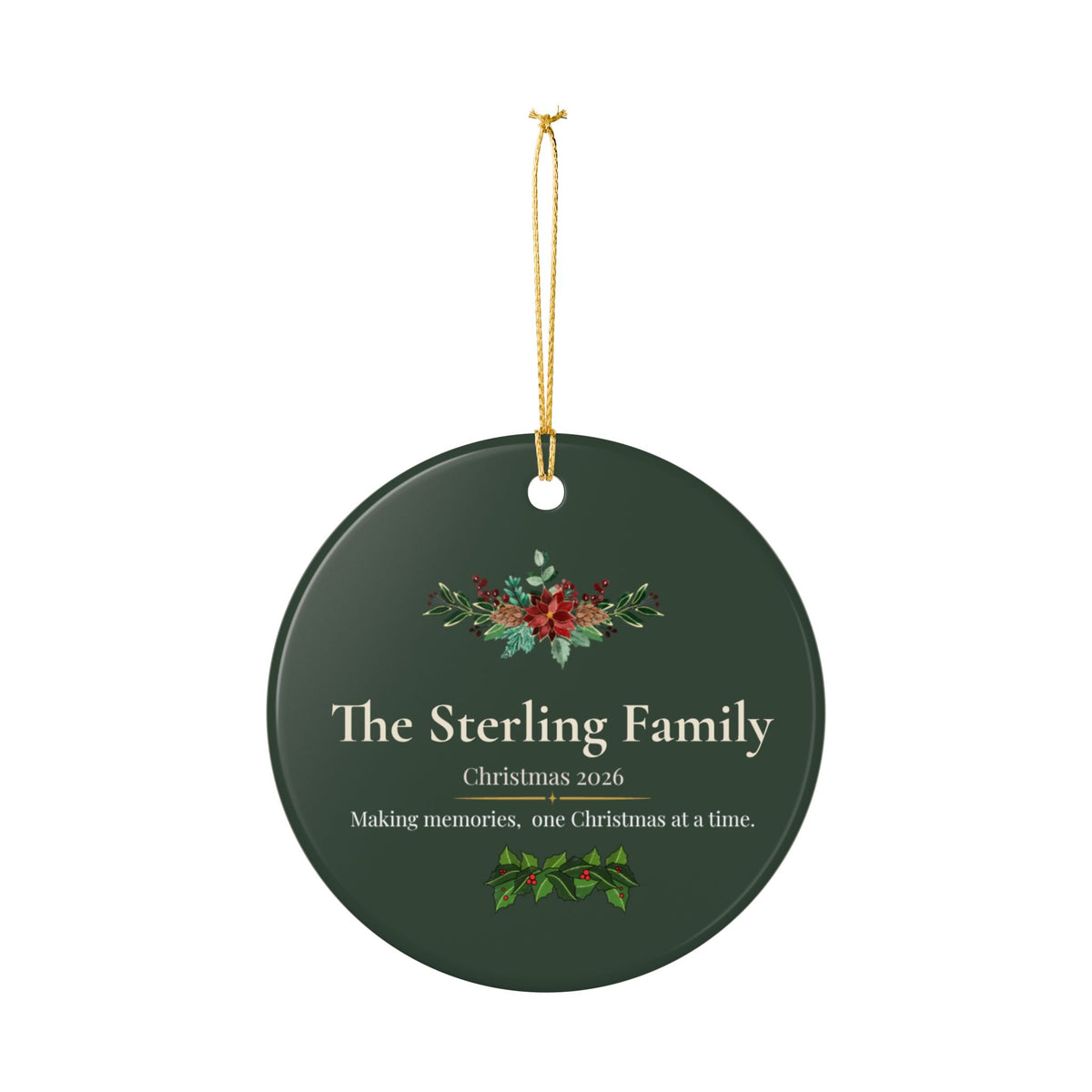Personalized Ceramic Christmas Ornament – Poinsettia & Pine Family Keepsake (Custom Name, Christmas 2026)