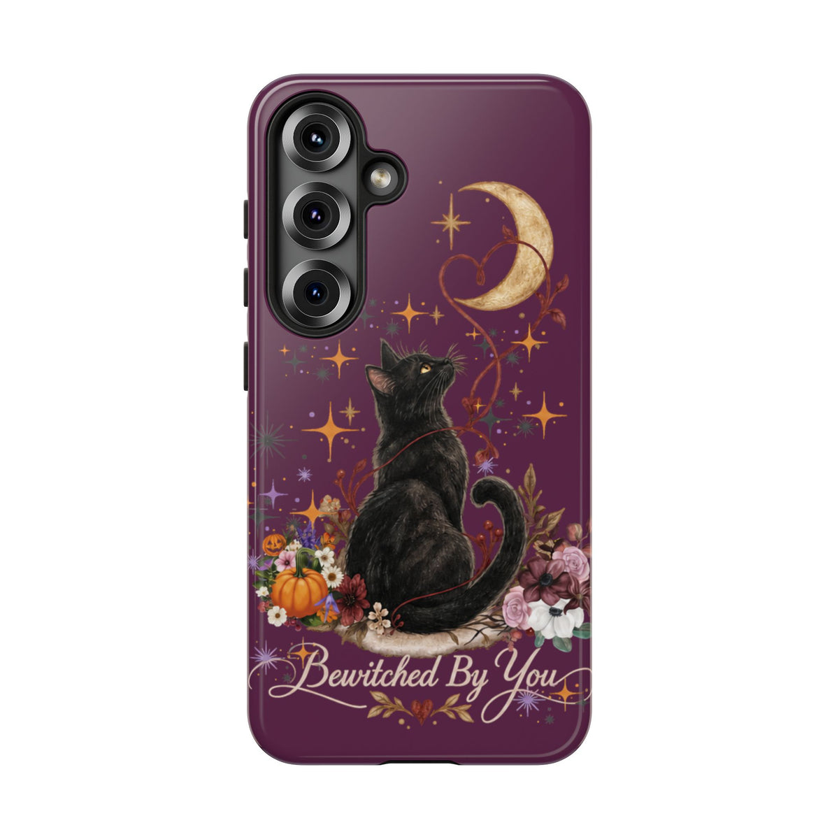 Black Cat Halloween Phone Case | Bewitched By You Witchy Moon & Pumpkin Tough Case | Dual-Layer Protective Cover for iPhone & Samsung