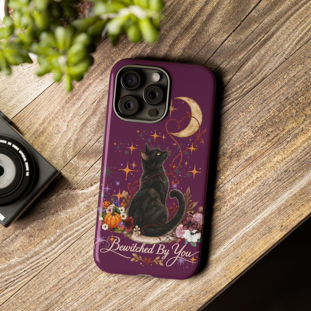 Black Cat Halloween Phone Case | Bewitched By You Witchy Moon & Pumpkin Tough Case | Dual-Layer Protective Cover for iPhone & Samsung