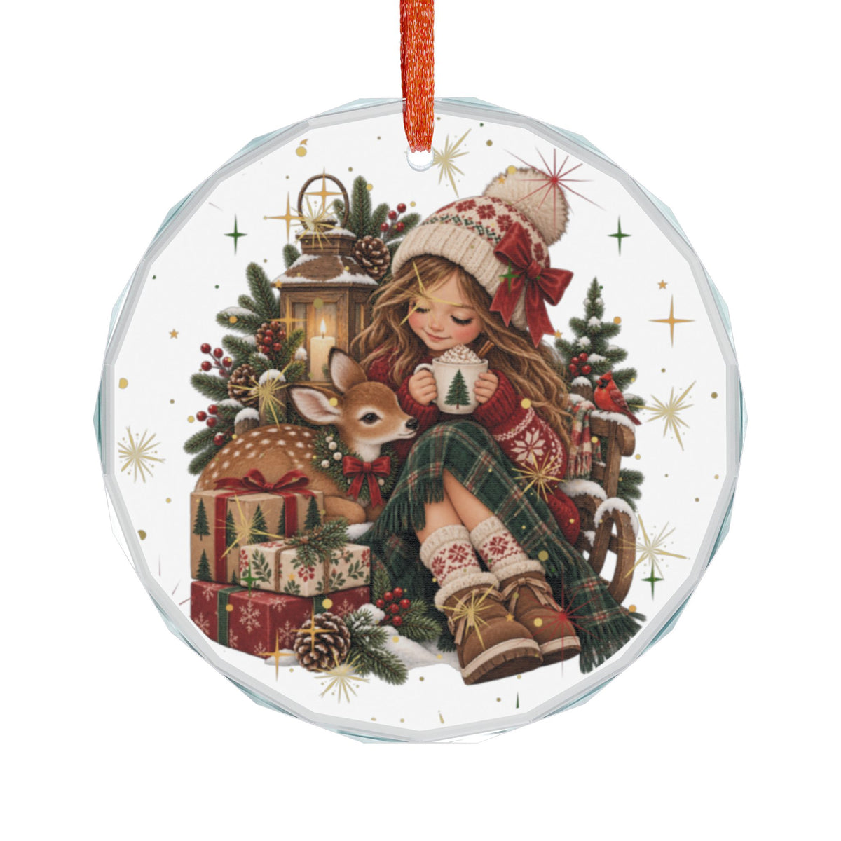 Heart Crystal Ornament — Cute Girl & Fawn Christmas Holiday Decoration