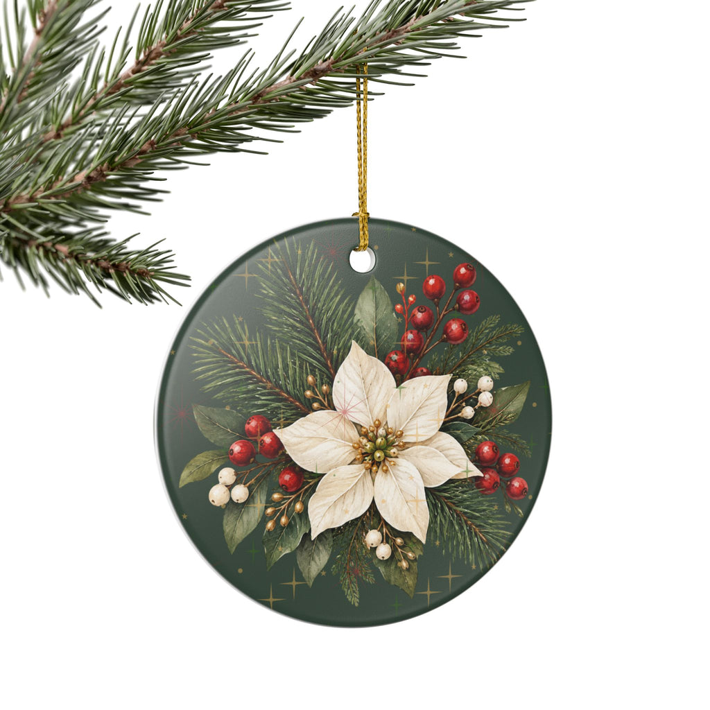Personalized Ceramic Christmas Ornament – Poinsettia & Pine Family Keepsake (Custom Name, Christmas 2026)