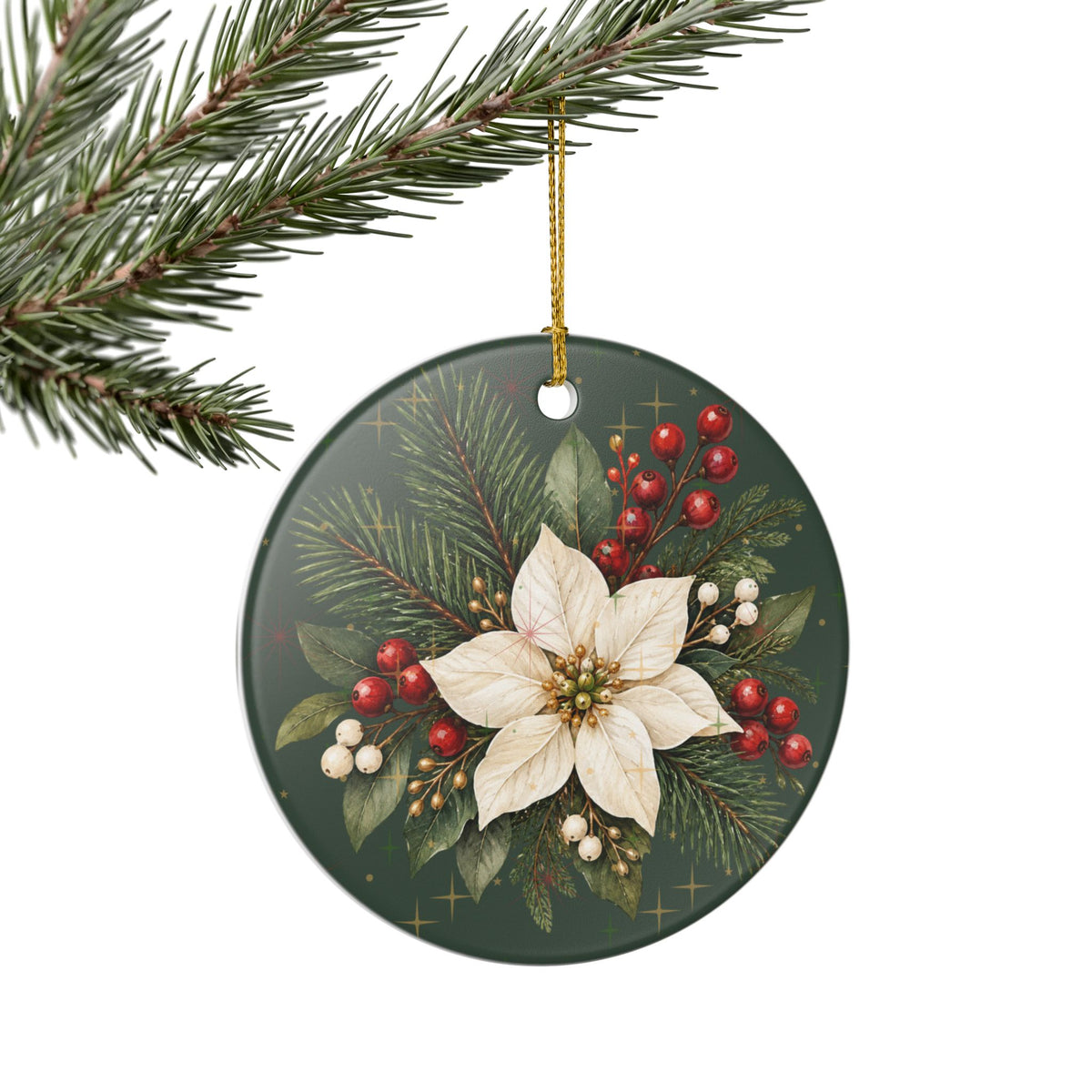 Personalized Ceramic Christmas Ornament – Poinsettia & Pine Family Keepsake (Custom Name, Christmas 2026)