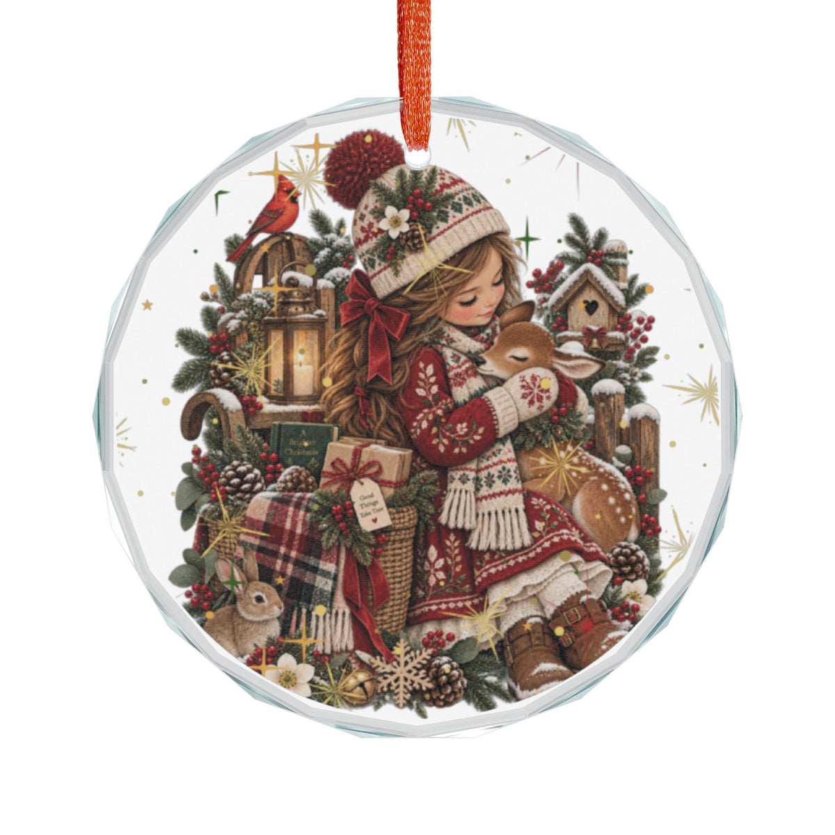 Heart Crystal Ornament — Cozy Vintage Girl with Bunny Christmas Decoration