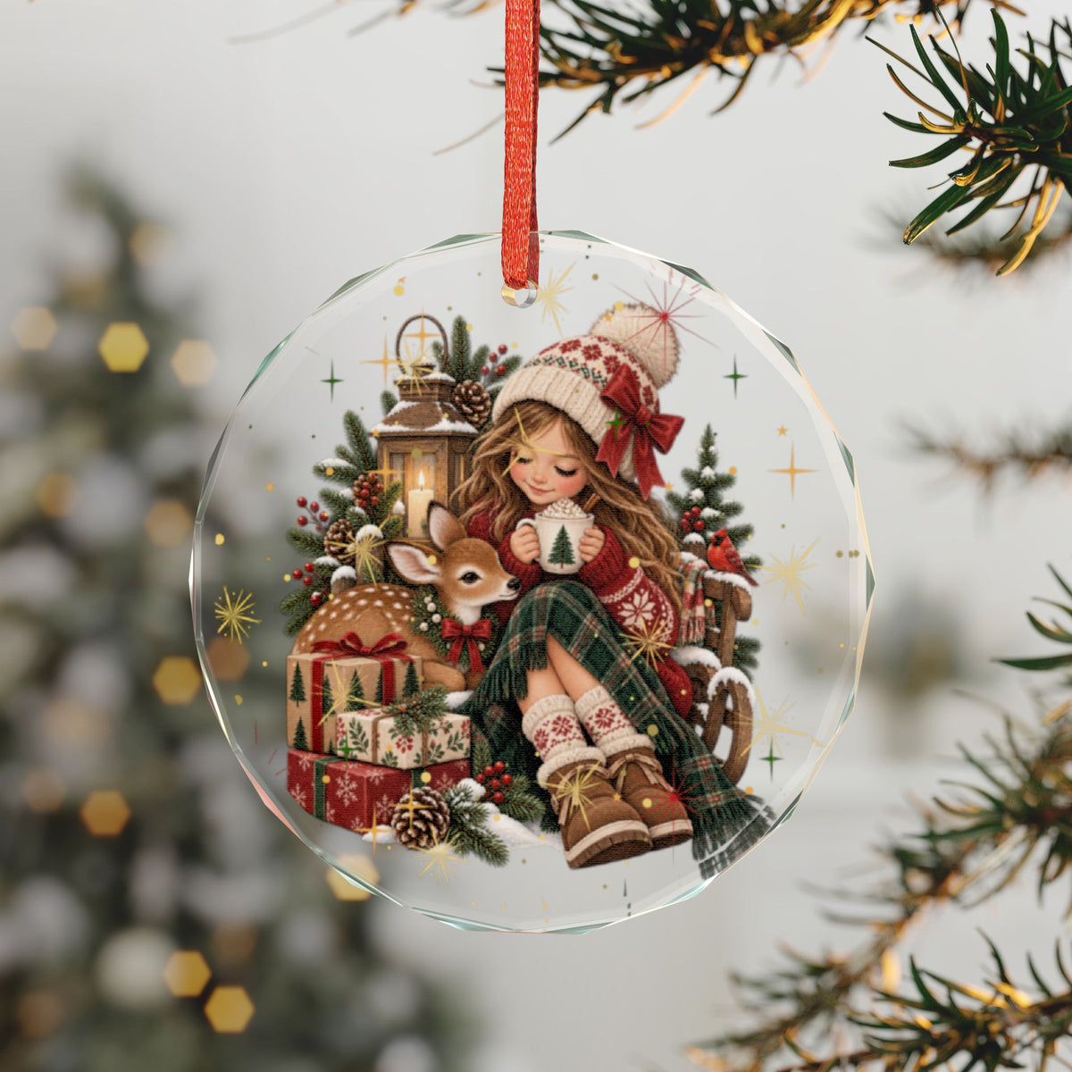 Heart Crystal Ornament — Cute Girl & Fawn Christmas Holiday Decoration