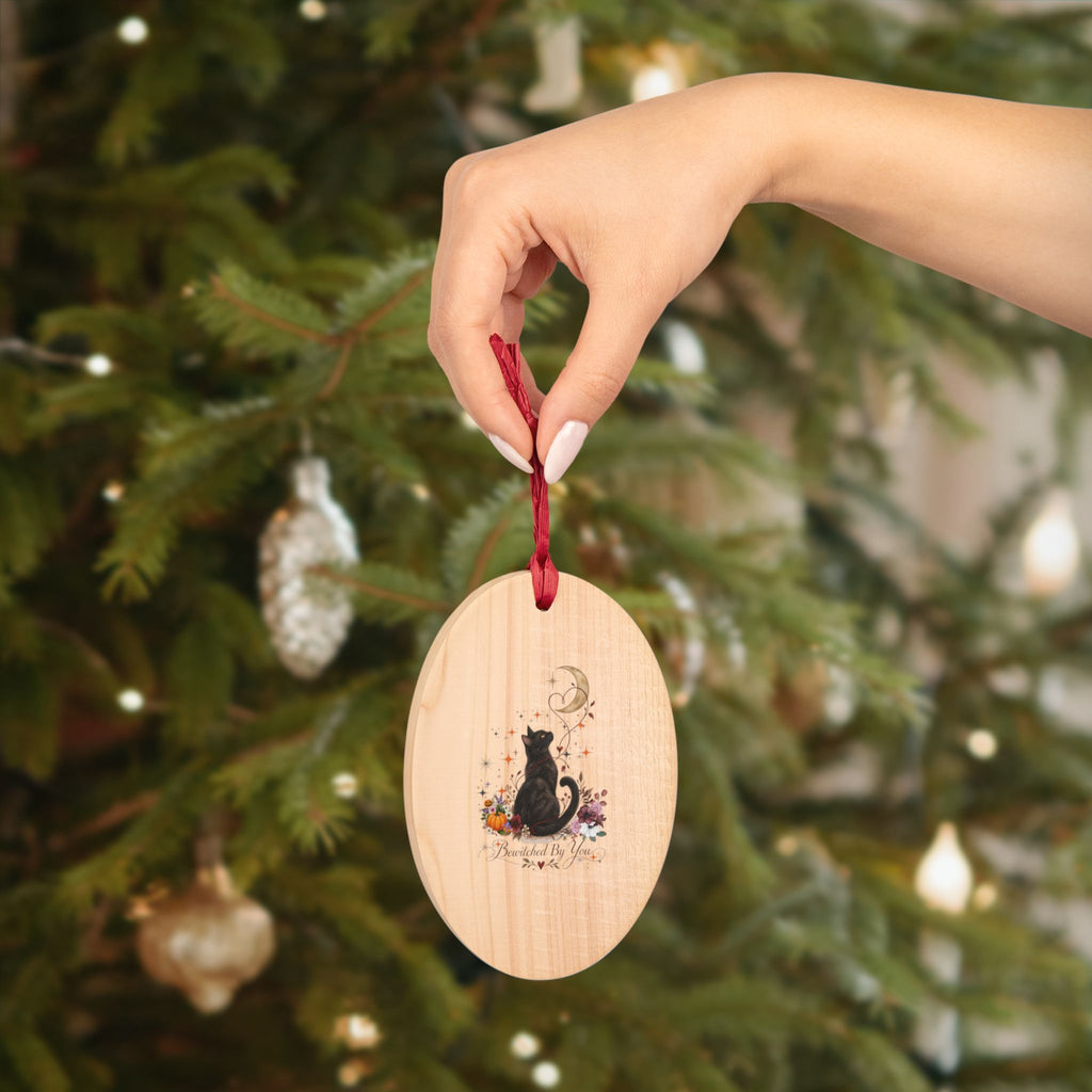 Black Cat & Moon Heart Wooden Ornament – Personalized Names & Date