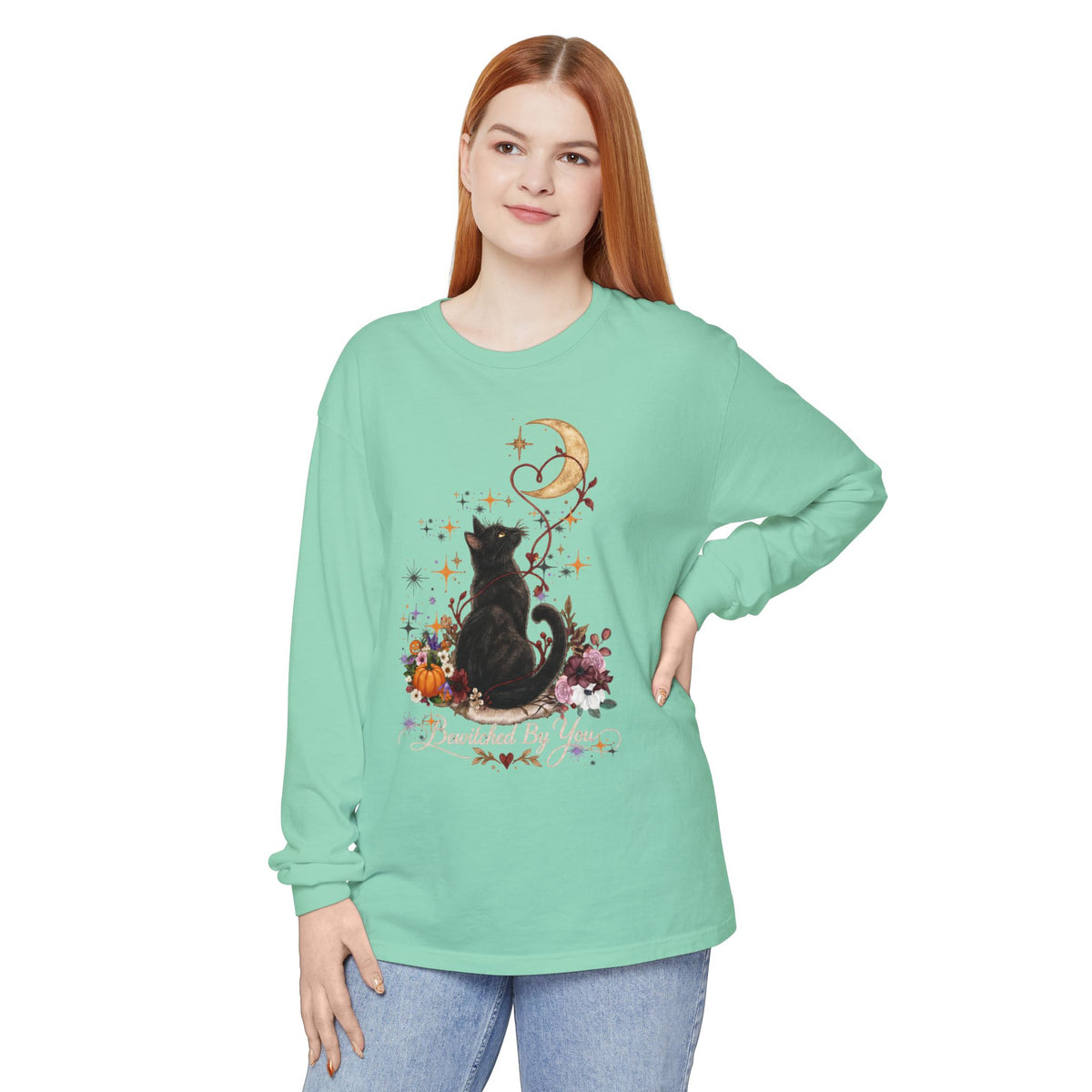 Black Cat Moon Long Sleeve Shirt — "Bewitched by You" Gothic Cat Tee