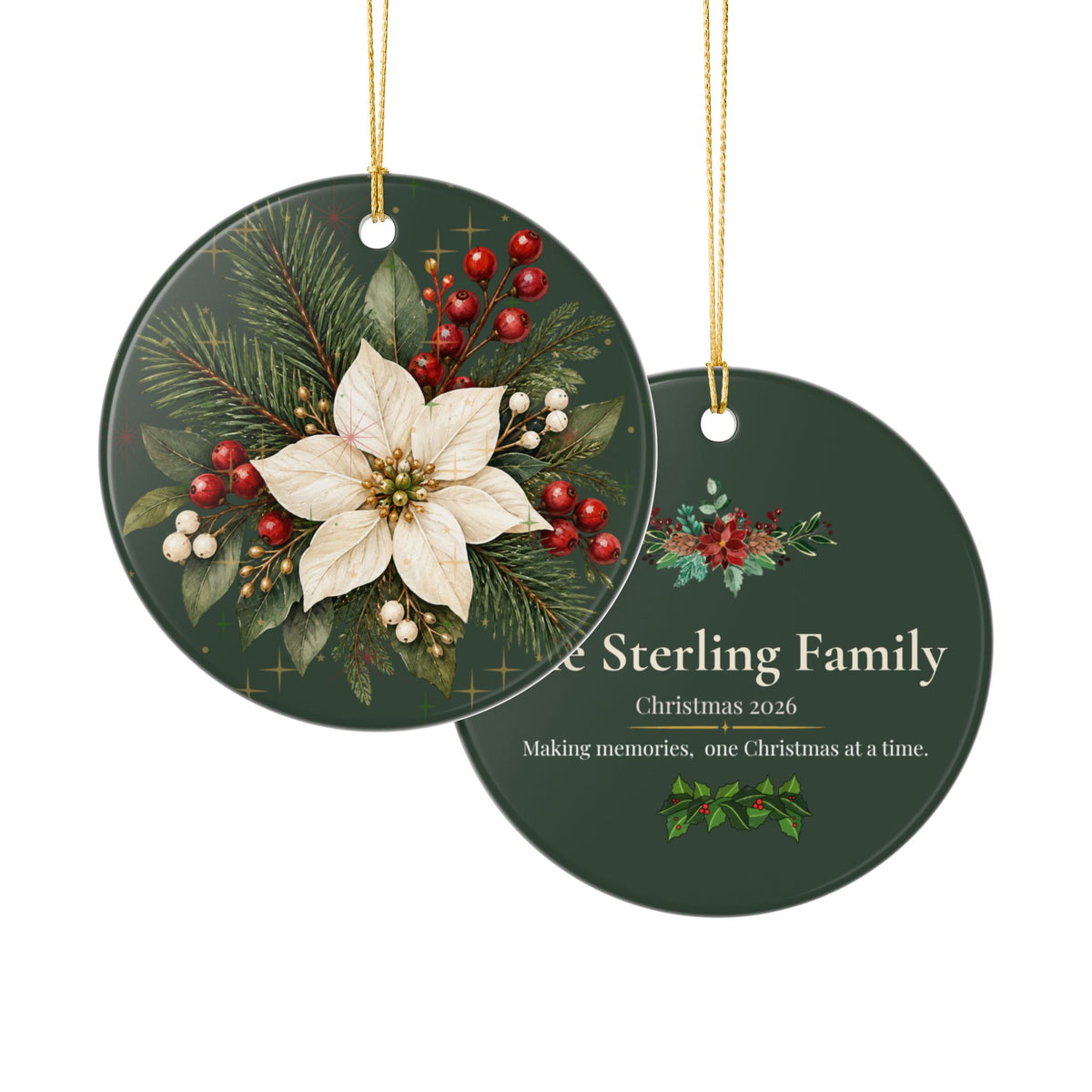 Personalized Ceramic Christmas Ornament – Poinsettia & Pine Family Keepsake (Custom Name, Christmas 2026)