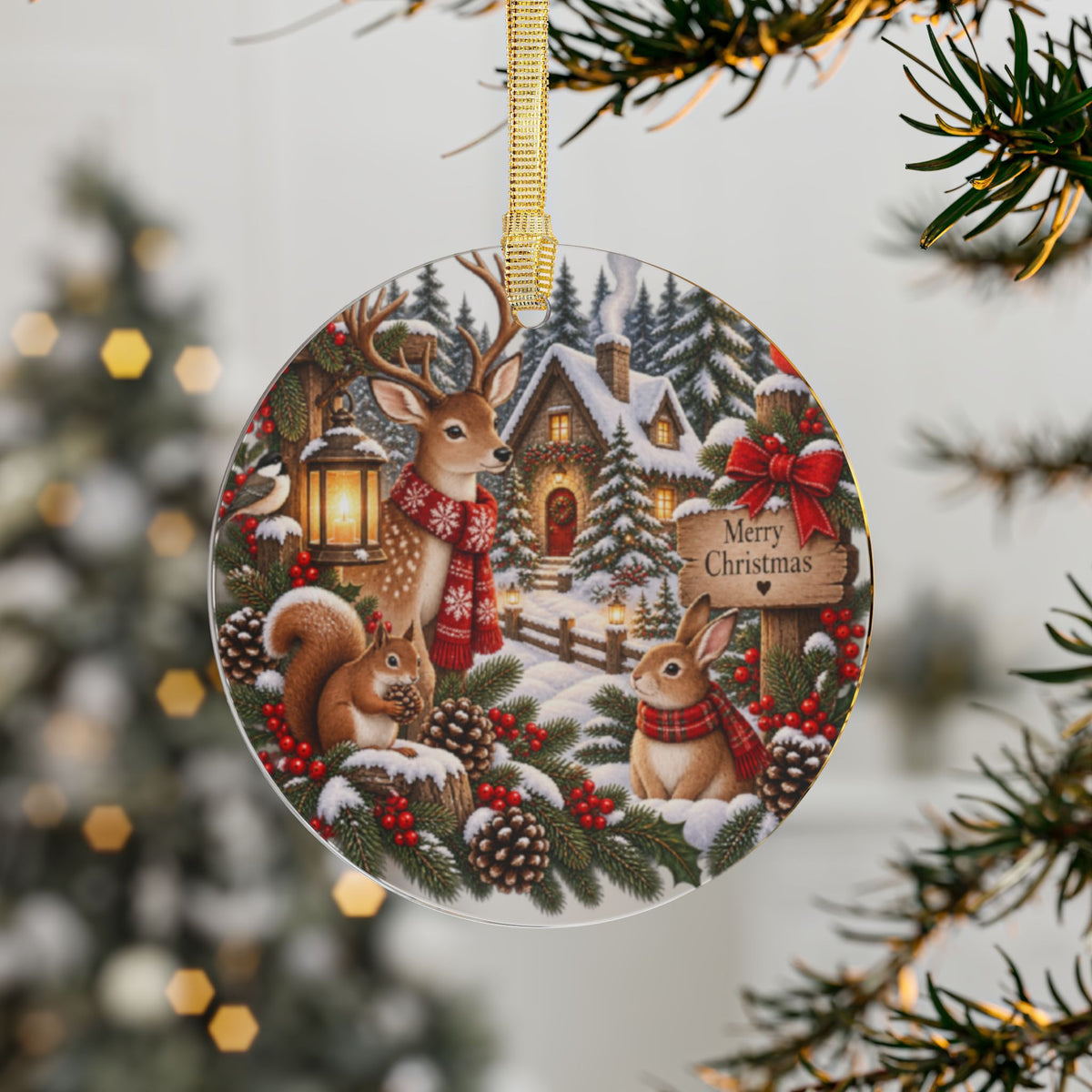Woodland Christmas Acrylic Ornament – Deer & Squirrel 'Merry Christmas' Holiday Decoration