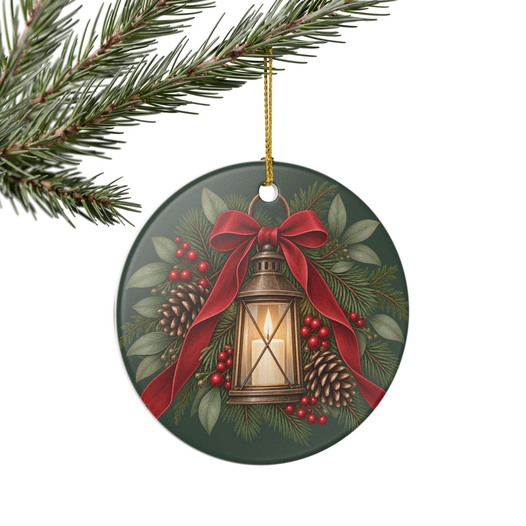 Personalized Ceramic Christmas Ornament — Lantern & Red Bow Family Holiday Decoration
