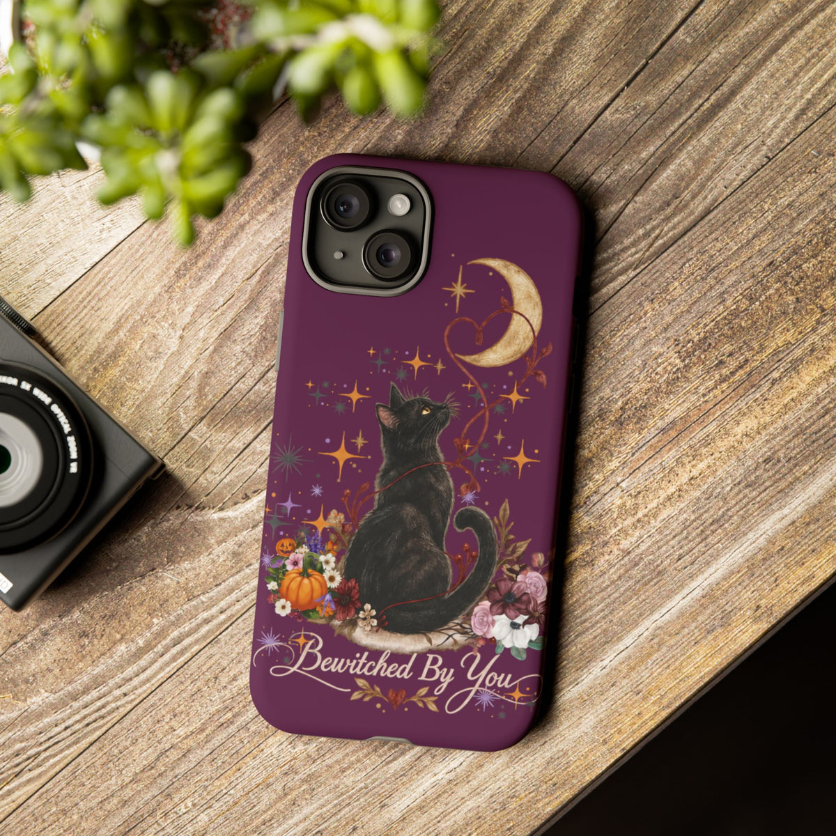 Black Cat Halloween Phone Case | Bewitched By You Witchy Moon & Pumpkin Tough Case | Dual-Layer Protective Cover for iPhone & Samsung