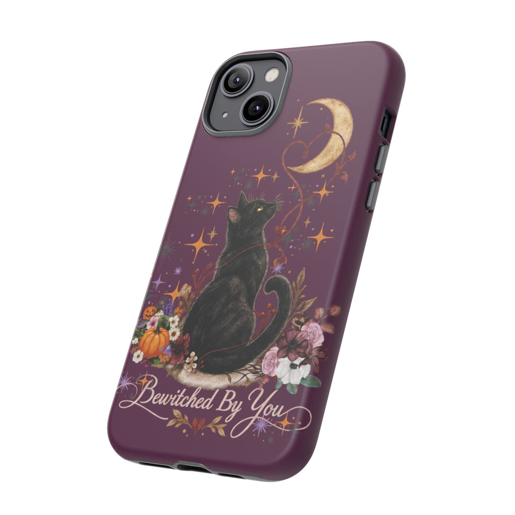 Black Cat Halloween Phone Case | Bewitched By You Witchy Moon & Pumpkin Tough Case | Dual-Layer Protective Cover for iPhone & Samsung