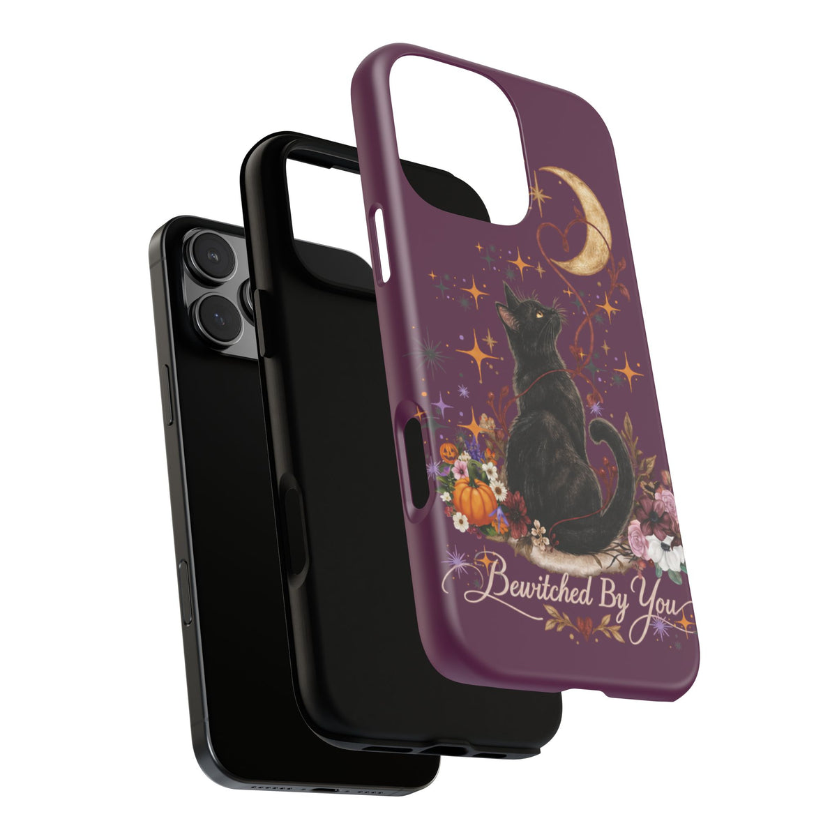 Black Cat Halloween Phone Case | Bewitched By You Witchy Moon & Pumpkin Tough Case | Dual-Layer Protective Cover for iPhone & Samsung